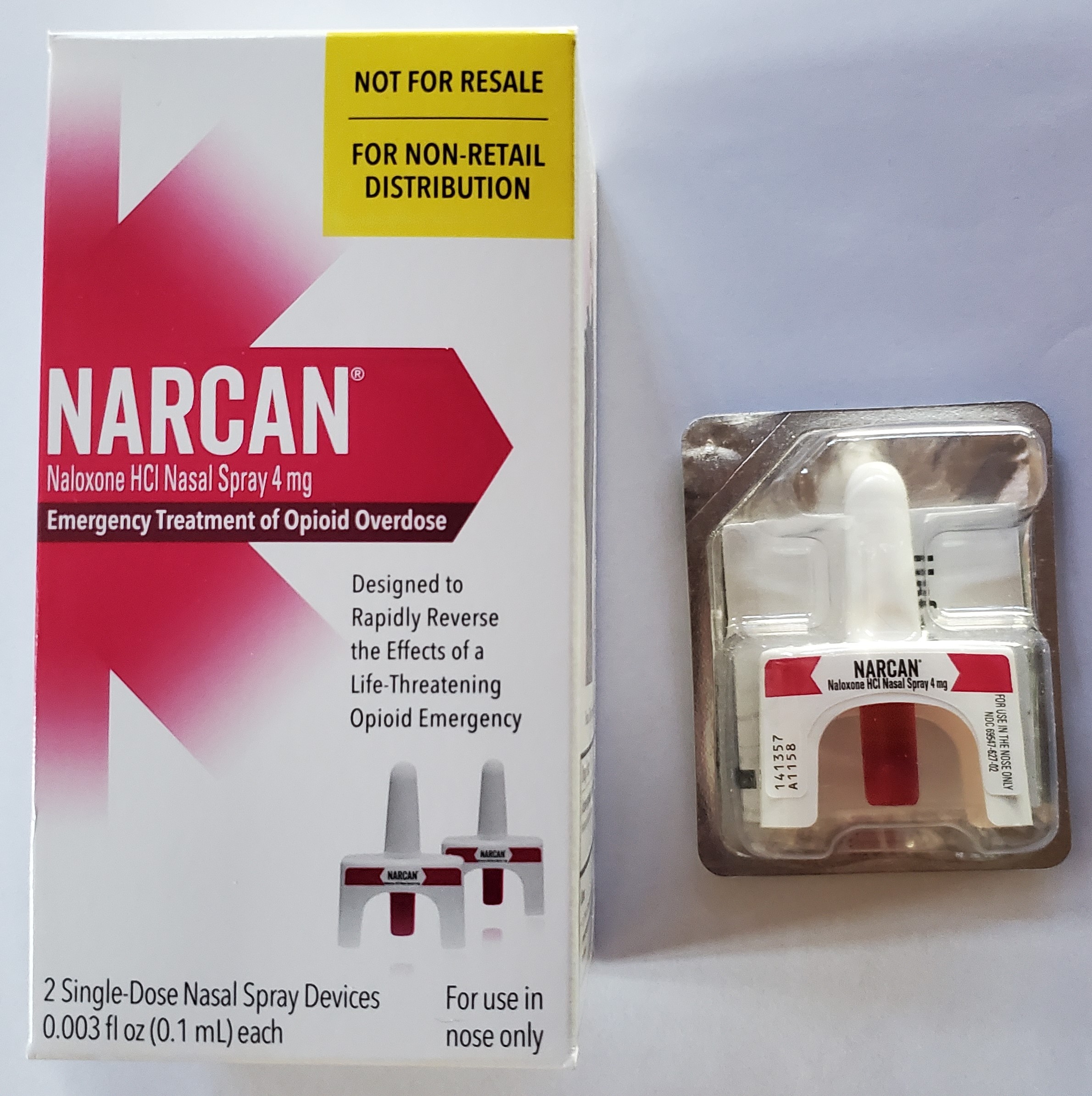 Narcan (Naloxone) in its packaging. Narcan is used to treat opioid overdose.