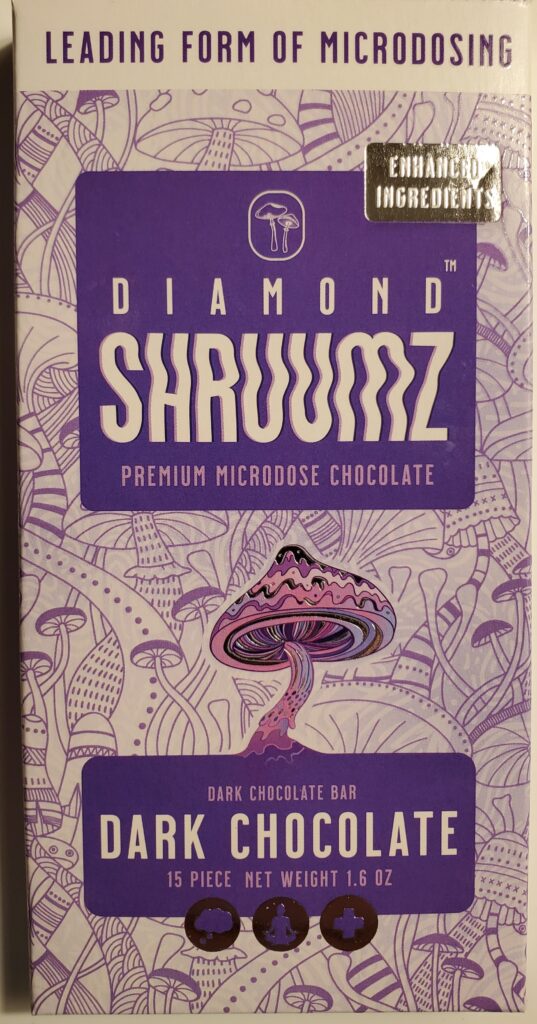 Image of long rectangular package of Diamond SHRUUMZ premium microdose chocolate, dark chocolate bar.