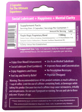 Back side of Purple Magic packet listing ingredients: 1188 mg of proprietary blend of Choline Citrate, Caffeine anhydrous, Dimethylbutylamine, 1,3,7,9-Tetramethyluric Acid, Tianeptine, Sodium, Nefracetam, L-Theanine, Surafiram, Rauwolscine HCL.
Serving size 2 capsules