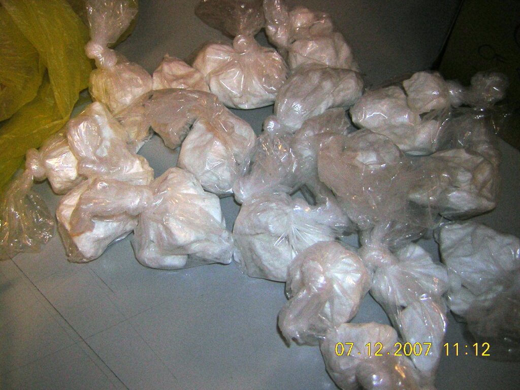 Image is of 18 large bags of white chunky powder that is cocaine.