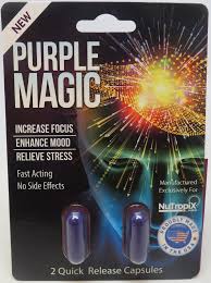 Image of purple magic package with 2 quick release purple capsules. Says increase focus, enhance mood, relieve stress, fast acting, no side effects.