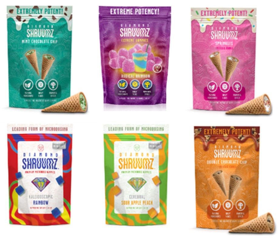 Image of 6 bags of SHRUUMZ products, gummies and cones.