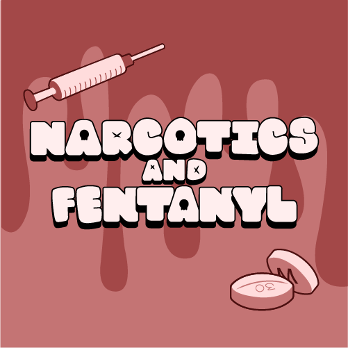 Narcotics and Fentanyl logo with a syringe and pills.