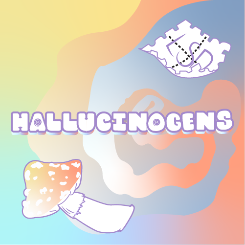 Hallucinogens logo with a mushroom and an LSD patch.