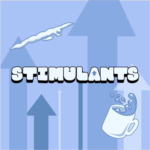 Stiimulants logo with up arrows a line of cocaine and a coffee cup.